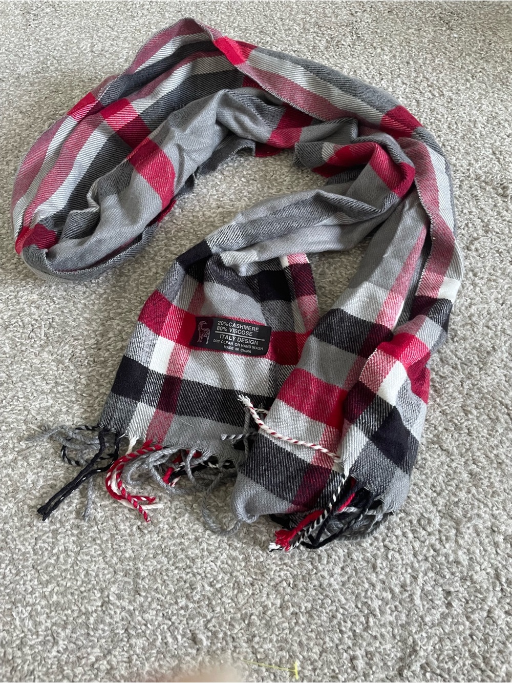 Womens Plaid Grey, White, Black and Red Scarf Cashmere Blend Fringed Scarf